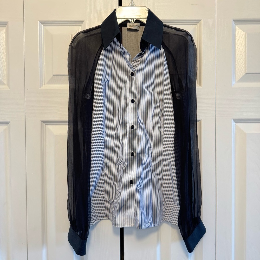 Philosophy Di Alberta Ferretti Navy and White Striped Shirt, Size 2